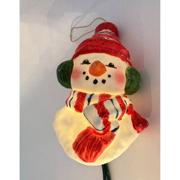 Vintage Light Up Snowman Christmas Tree Ornament Ear Muffs Scarf Ceramic - Picture 7 of 7